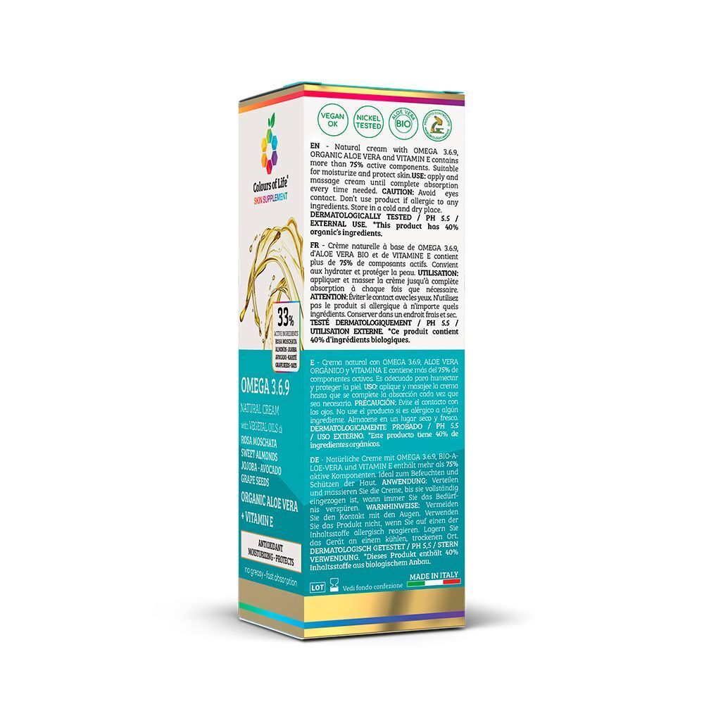 Retro della confezione Colours of Life Omega 3.6.9 Crema Naturale con ingredienti e certificazioni.