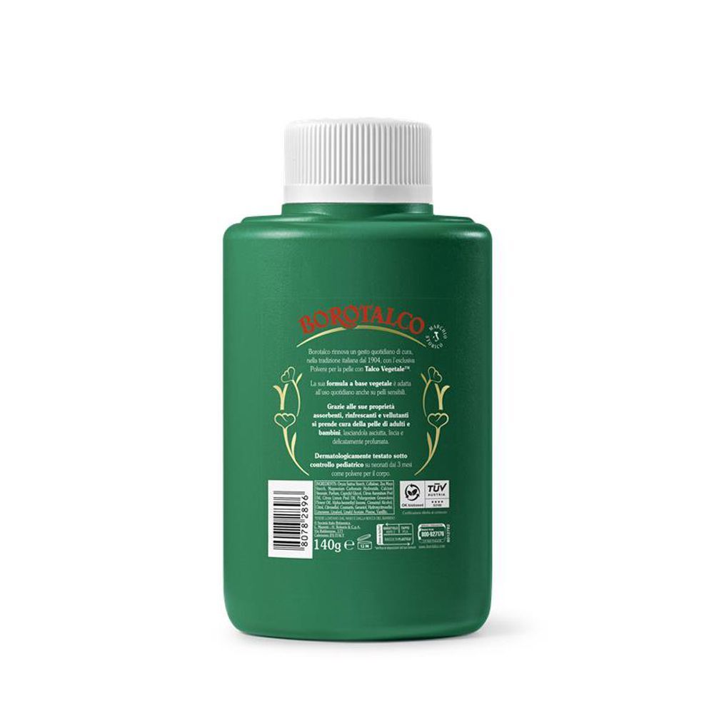 Retro di un flacone verde Borotalco Roberts con informazioni prodotto e certificazioni.