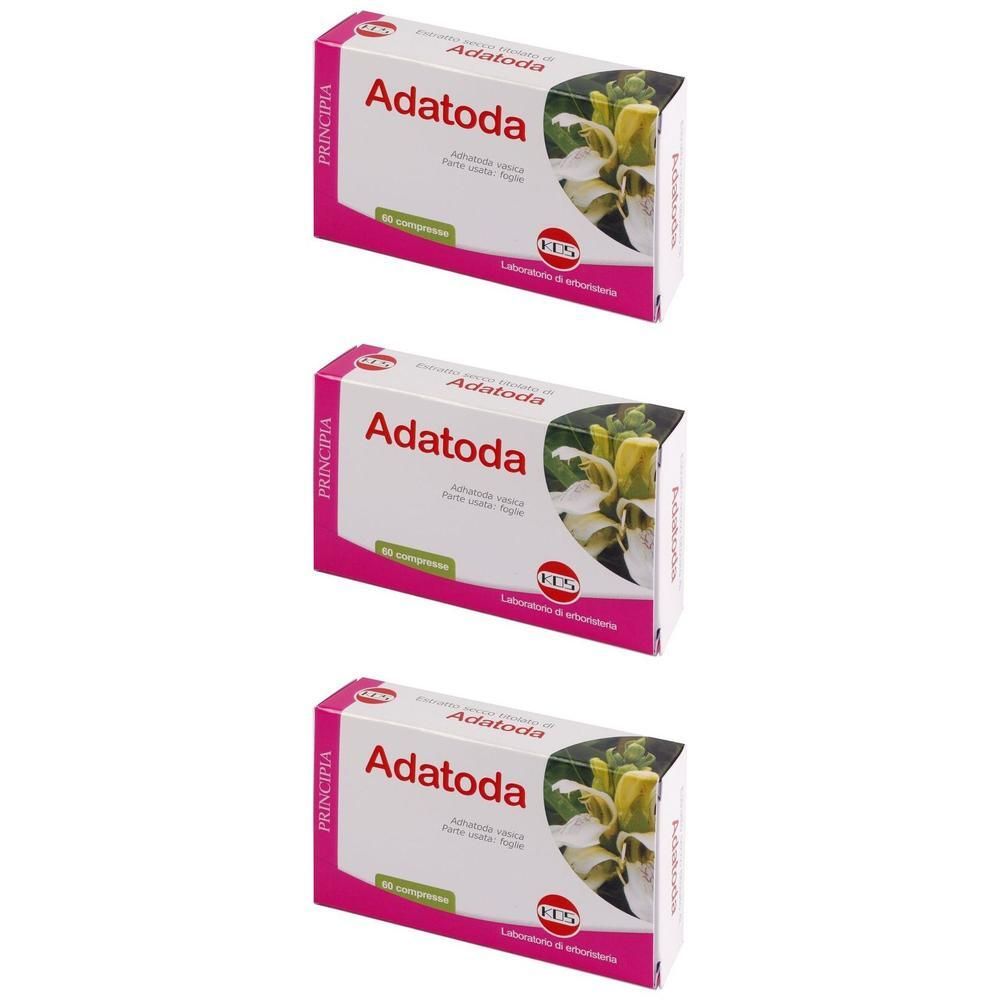 Tre confezioni di KOS Adatoda Estratto Secco Compresse con illustrazione floreale.