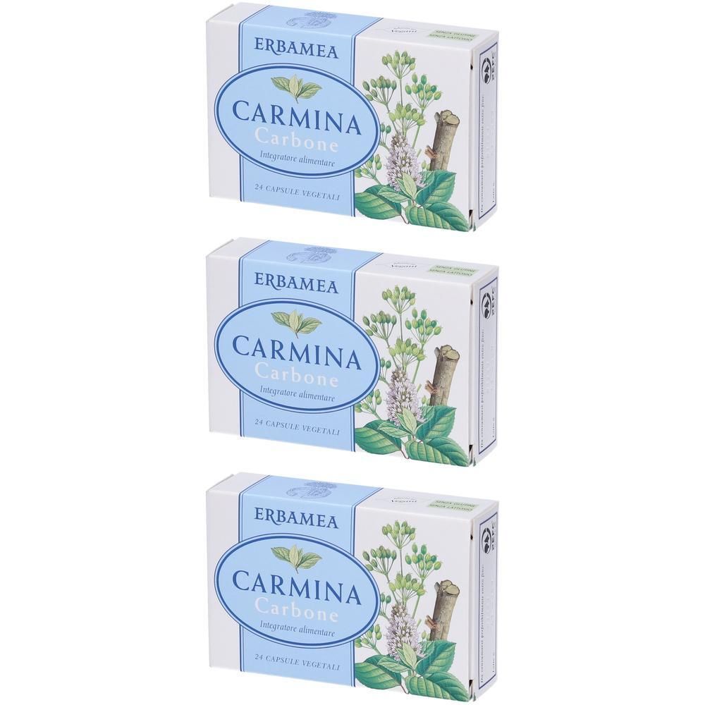 Tre confezioni Erbamea Carmina Carbone con capsule vegetali e illustrazione di erbe.
