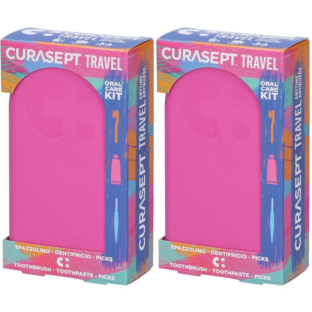 Due kit Curasept Travel per la cura orale rosa. Ogni set include spazzolino, dentifricio e stuzzicadenti.