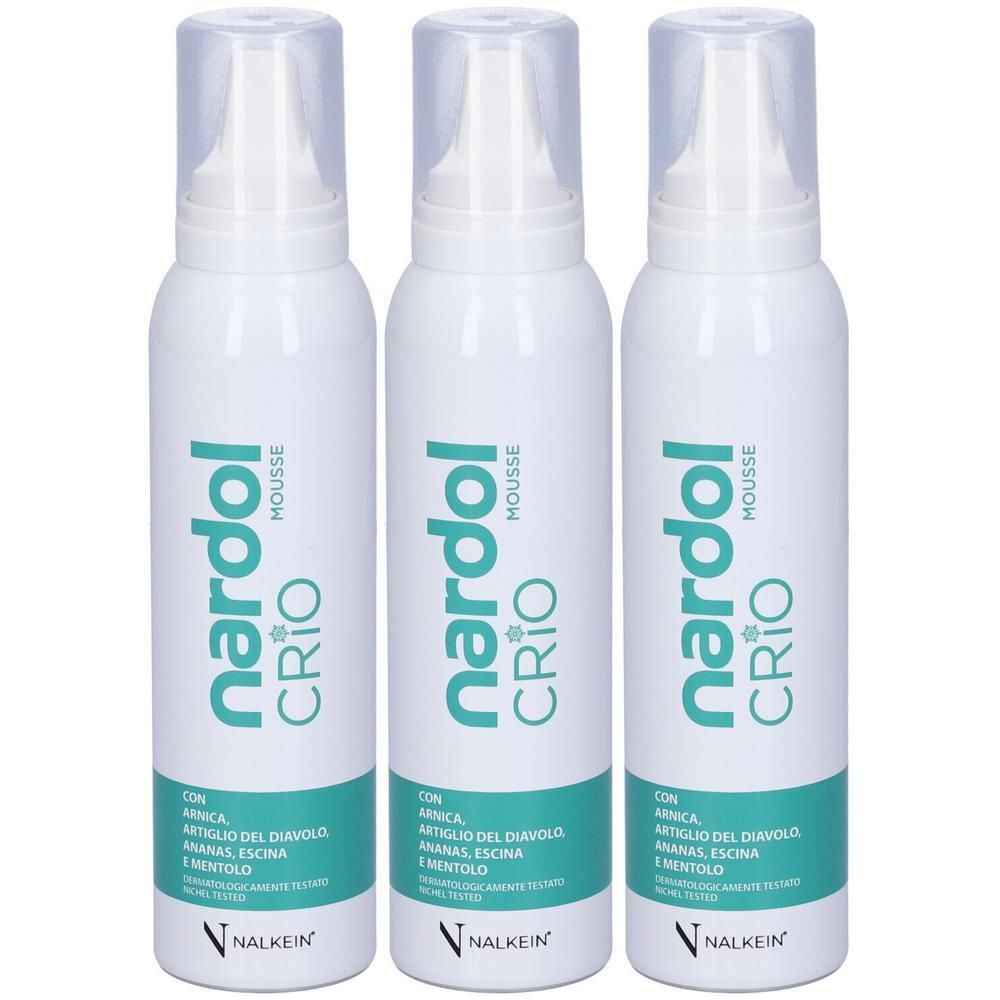Tre bombolette spray bianche con erogatore a pompa, etichettate 'nardol CRYO MOUSSE'.