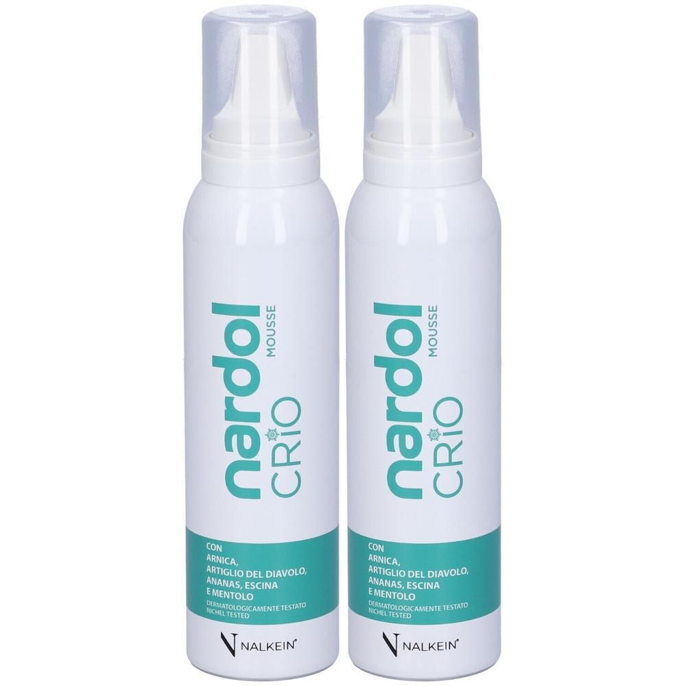 Due flaconi spray bianchi Nardol Crio Mousse con tappi trasparenti. Scritta verde su sfondo bianco.