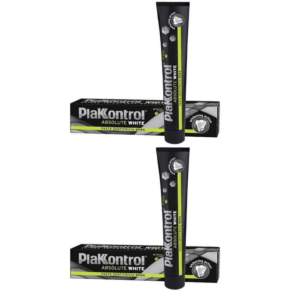 Due tubetti e scatole di dentifricio PlaKontrol Absolute White, azione sbiancante.