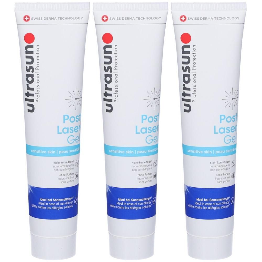 Tre tubi di Gel Post Laser Ultrasun per pelli sensibili.
