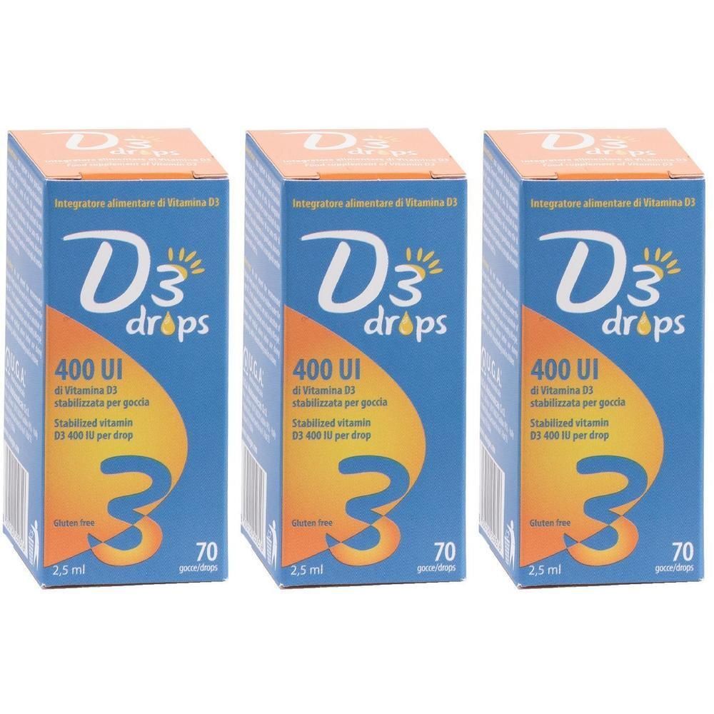 Tre confezioni di D3 Drops, 400 UI, 2,5 ml. Senza glutine.