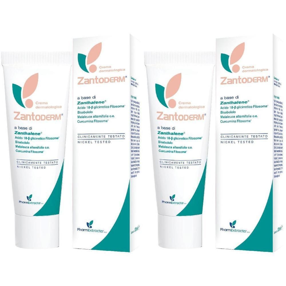 Crema Zantoderm: Due tubi e scatole di crema dermatologica. Contiene Zanthalene.