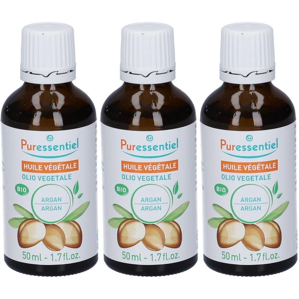 Tre flaconi di olio di argan bio Puressentiel, 50ml ciascuno.