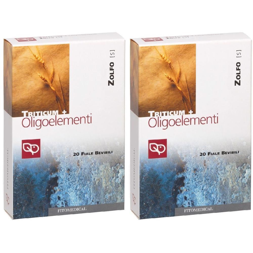 Due confezioni di Triticum Oligoelementi, 20 fiale bevibili ciascuna. Spighe di grano sull'imballaggio.