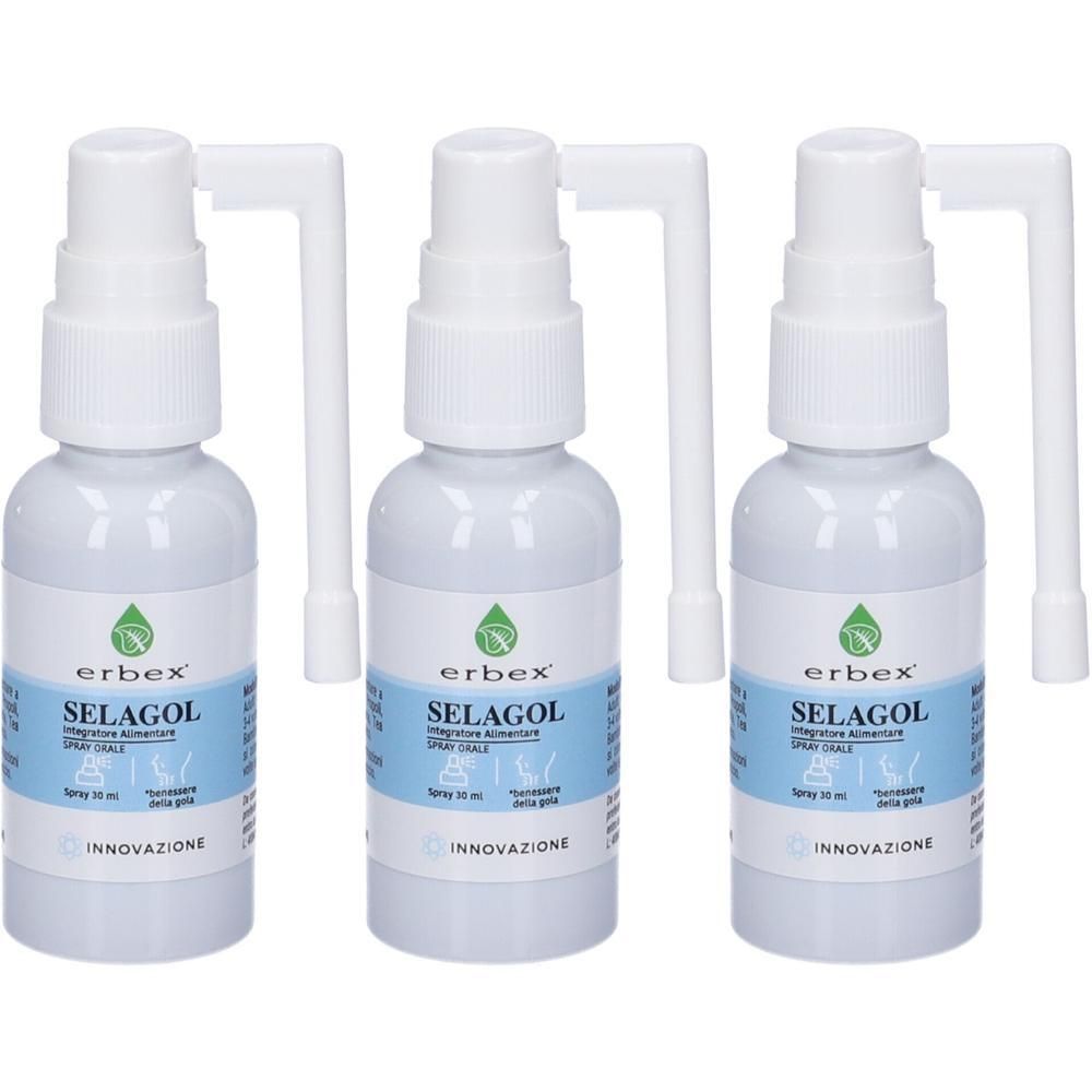Tre flaconi spray bianchi con applicatore. L'etichetta mostra il logo e il nome 'SELAGOL'.