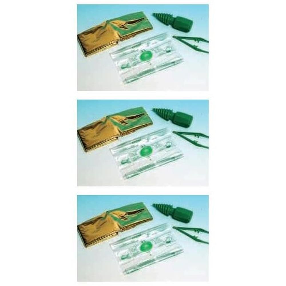 Pinzetta sterile con manico verde, in confezione sigillata con accessori.