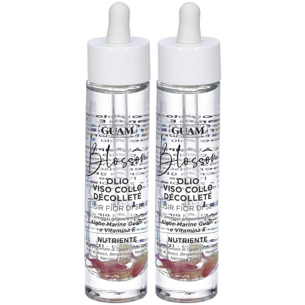 Due flaconi di Elixir GUAM Blossom con contagocce. Liquido trasparente con petali.