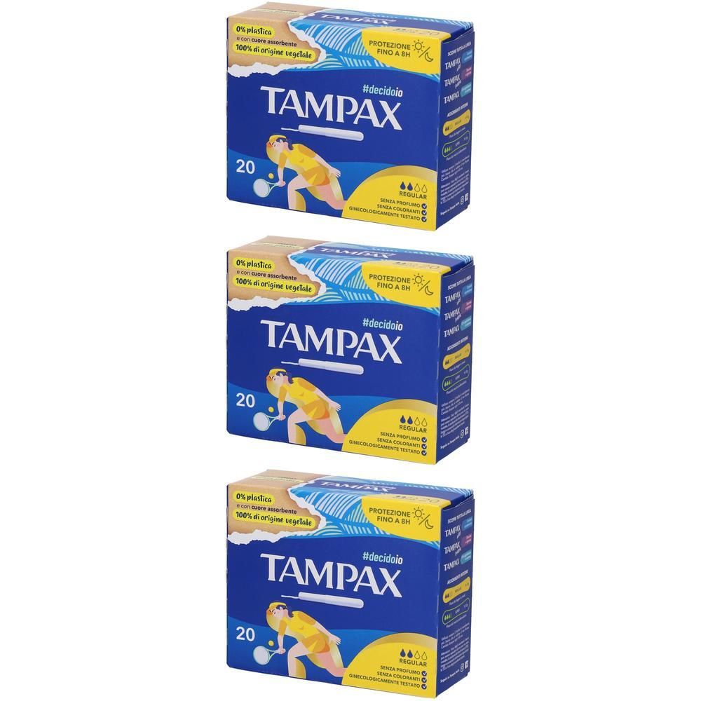 Tre scatole di tamponi TAMPAX Regular, ciascuna contenente 20 tamponi.