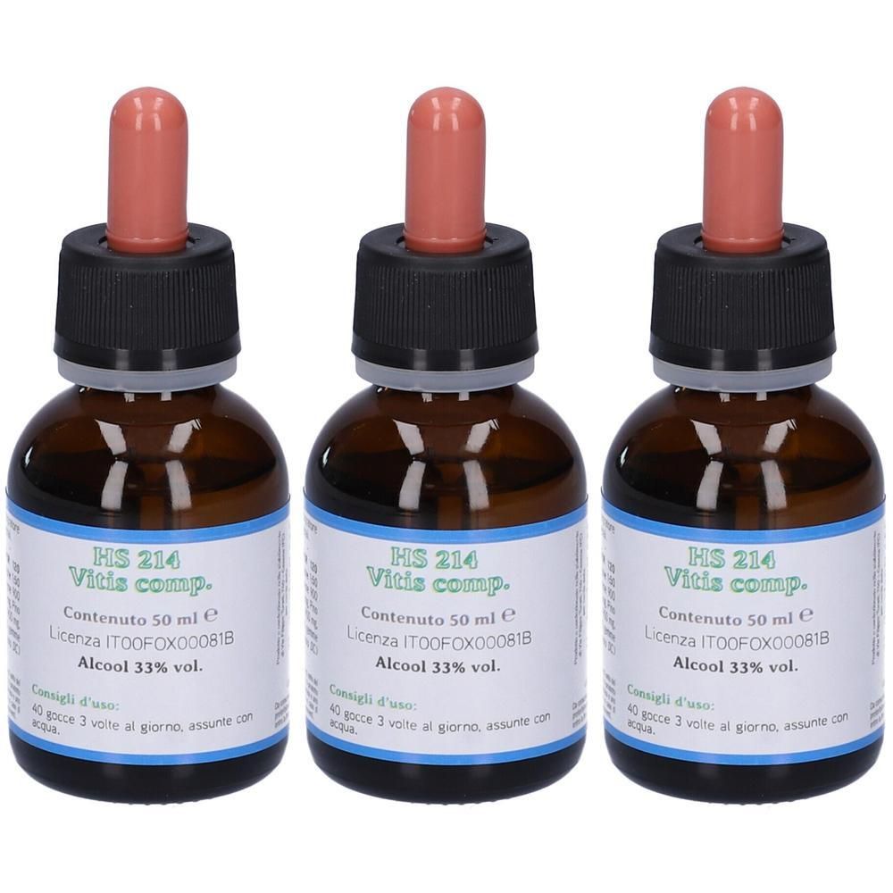 Tre flaconi in vetro ambrato con contagocce. Etichetta indica HS 214 Vitis comp. e Alcool 33%.
