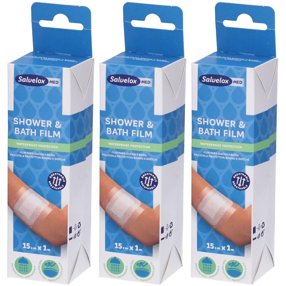 Tre confezioni di pellicola per doccia e bagno Salvelox Med, 15cm x 1m. Protezione impermeabile per la pelle.