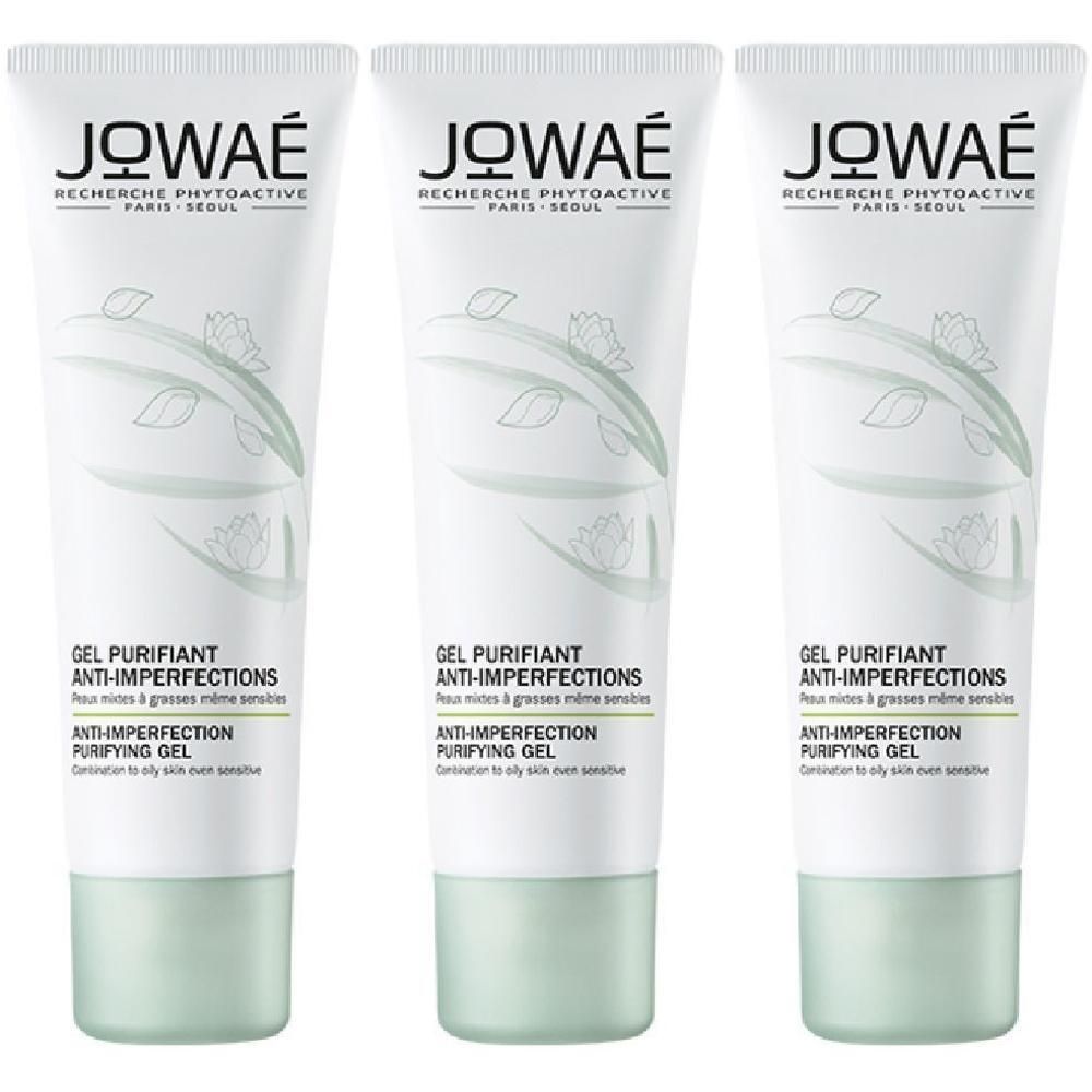 Tre tubi di JOWAE Gel Purifiant Anti-Imperfections, bianchi con accenti verdi.
