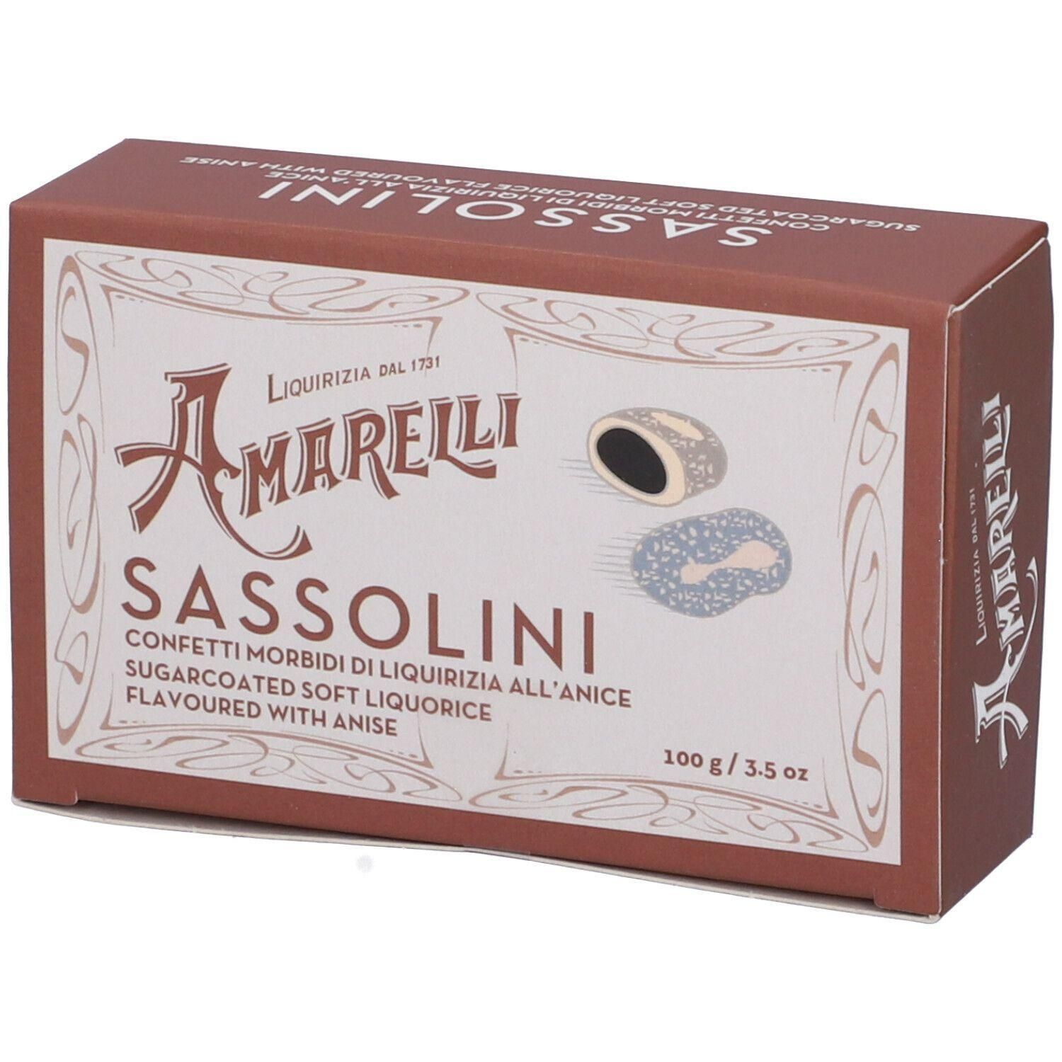 Scatola marrone di confetti Amarelli Sassolini alla liquirizia, 100g.