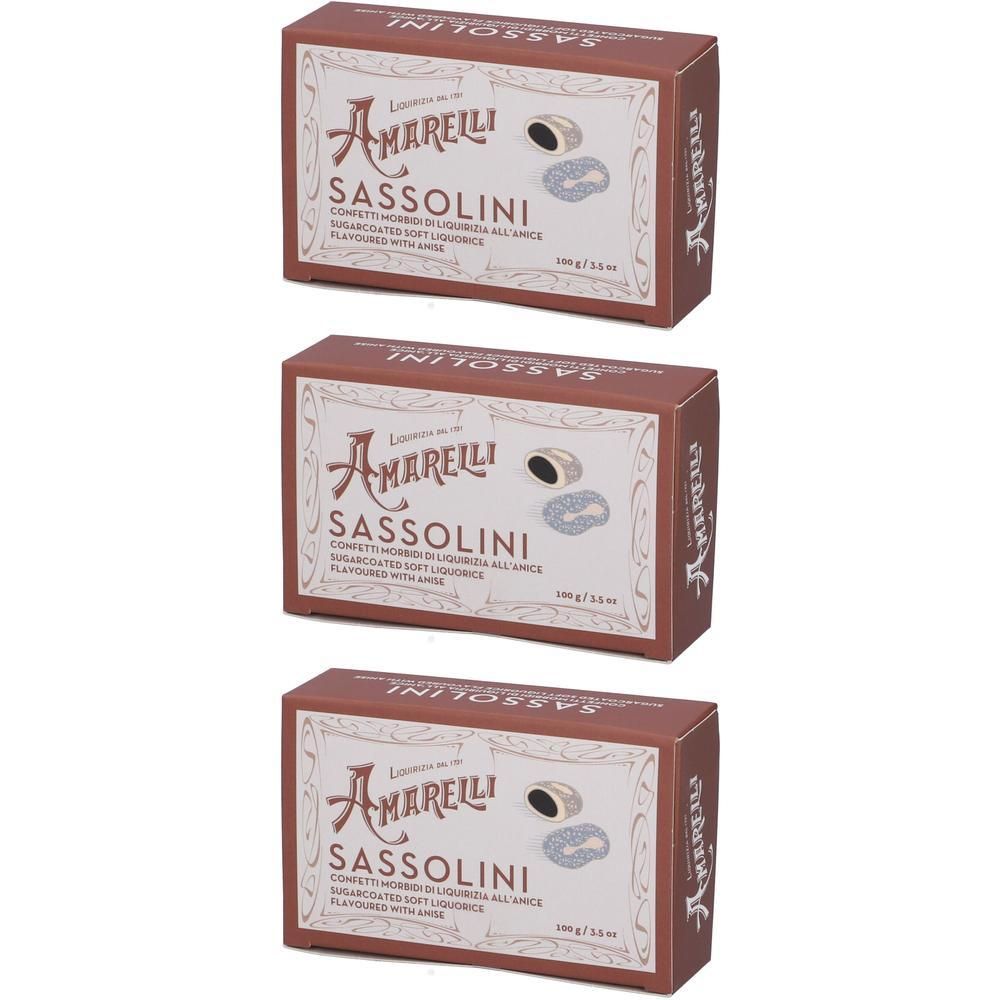 Tre confezioni di confetti al liquirizia Amarelli Sassolini.