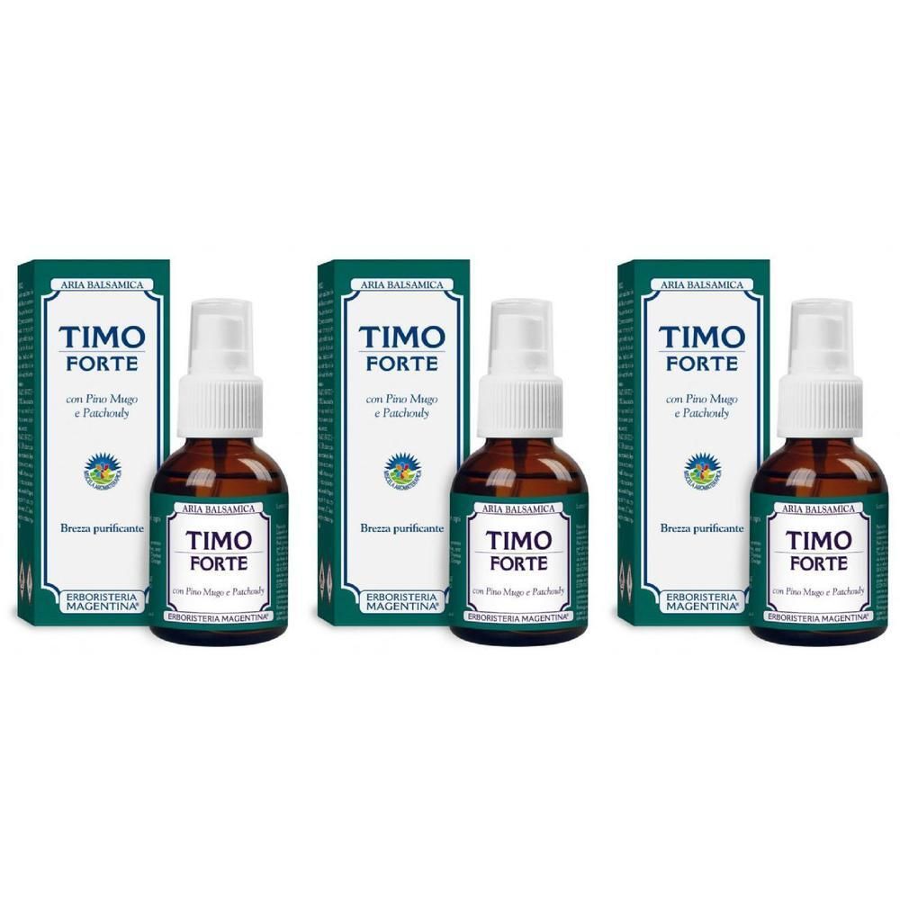 Tre flaconi di Timo Forte con spray e scatole. Flaconi in vetro marrone con etichetta bianca.