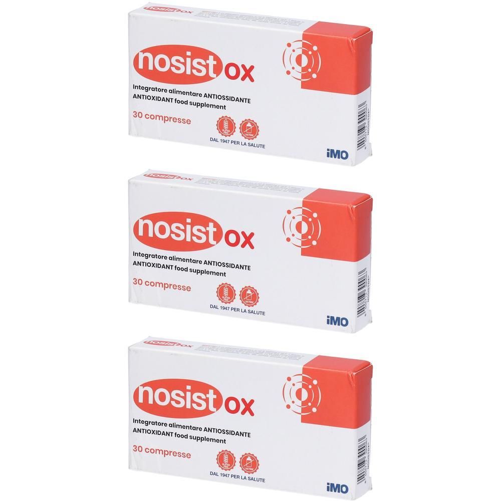 Tre confezioni di iMO Nosistox, 30 compresse per confezione. Integratore alimentare antiossidante.