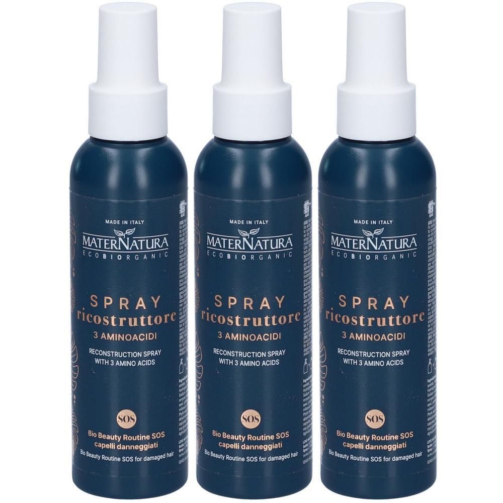 Tre flaconi spray scuri con tappo bianco. Etichetta: MATERNATURA ECOBIORGANIC SPRAY ricostruttore 3 AMINOACIDI.