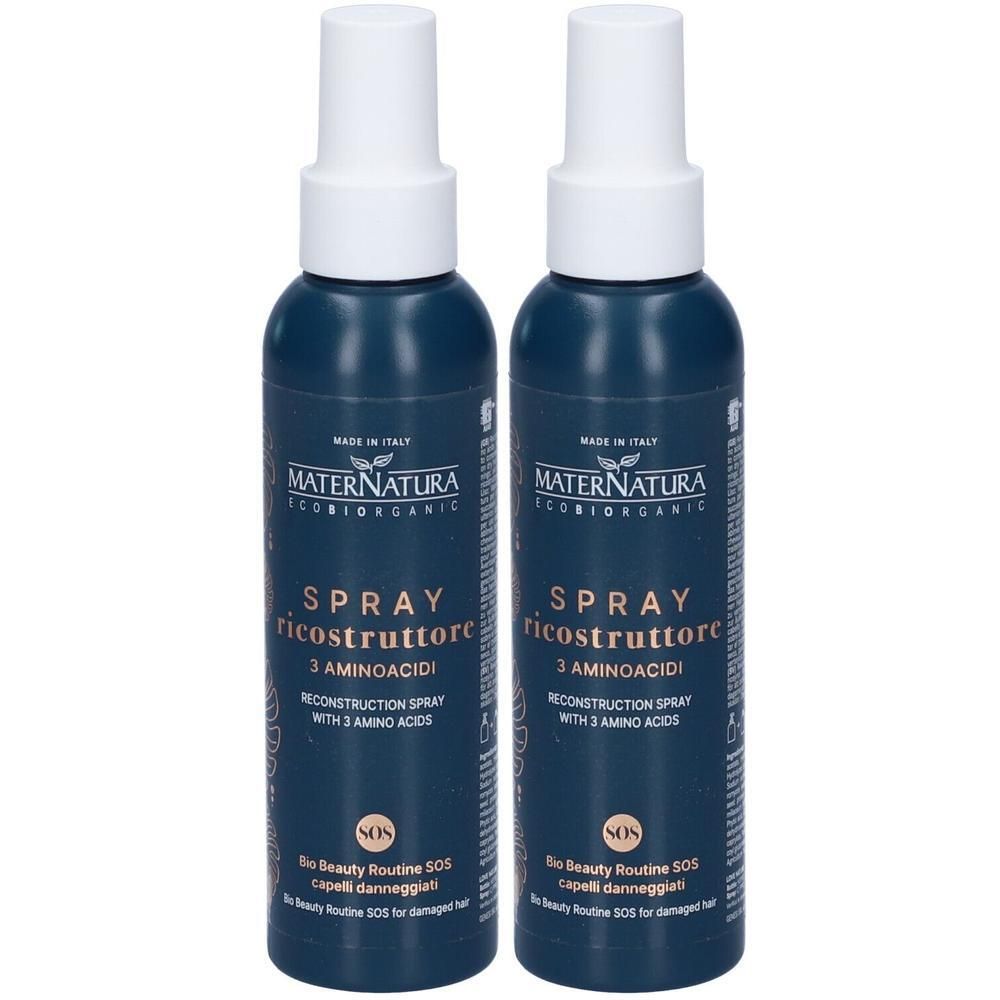 Due flaconi spray blu scuro con erogatore bianco. Marca: Maternatura. Prodotto: Spray Ricostruttore con 3 Aminoacidi.