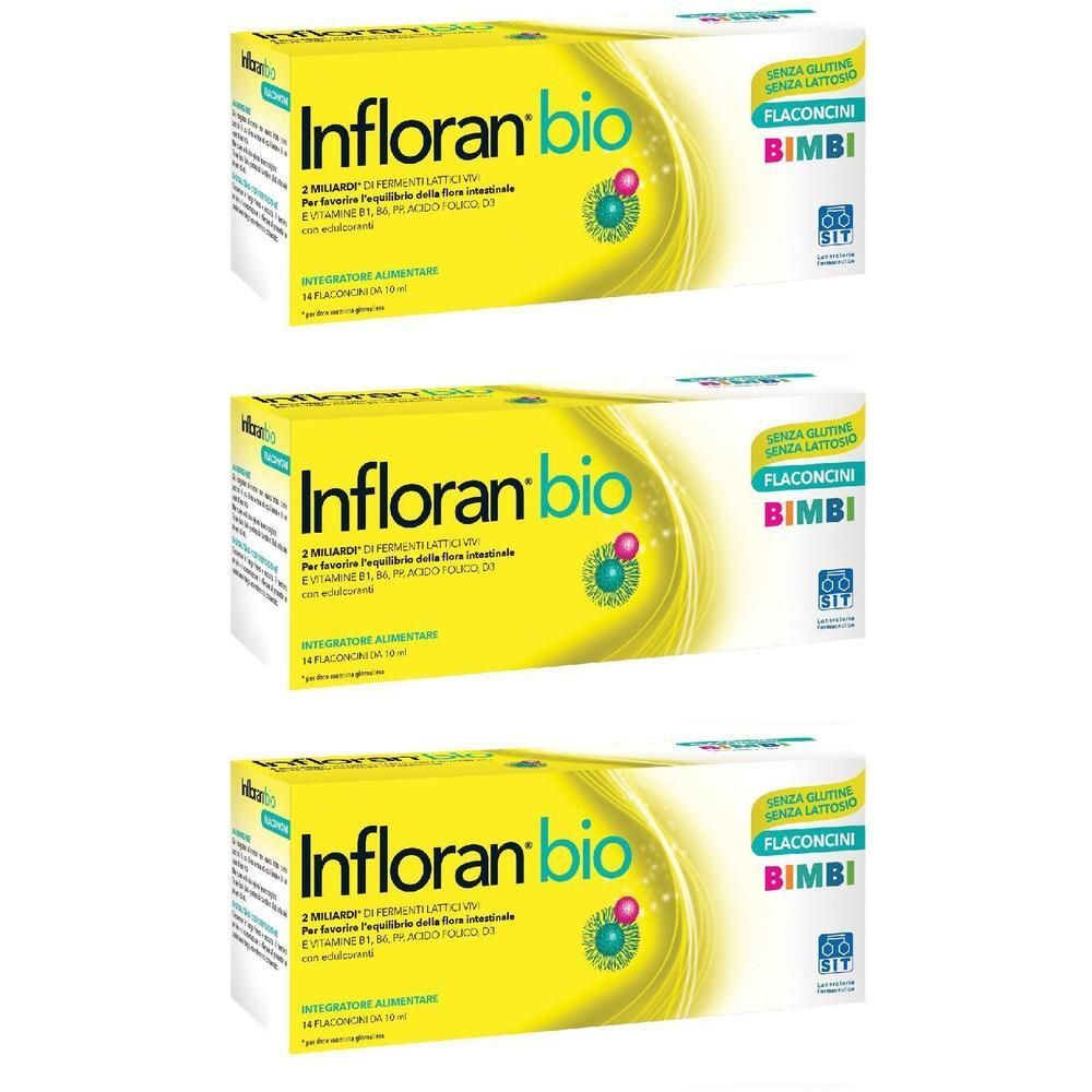 Tre confezioni di Infloran bio, integratore alimentare per bambini. Ogni confezione contiene 14 flaconcini da 10 ml.
