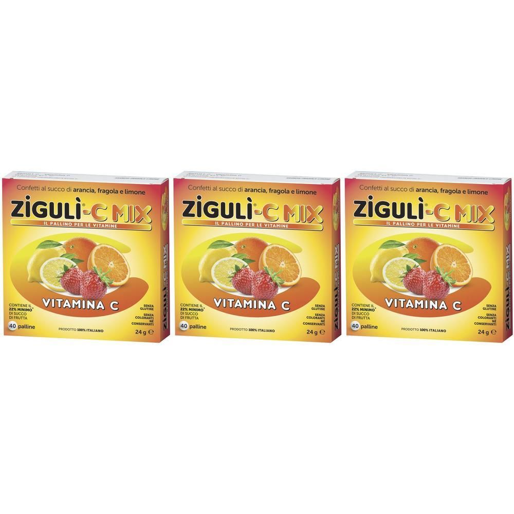 Tre confezioni di Zigulì-C Mix alla vitamina C, gusto arancia, fragola e limone.