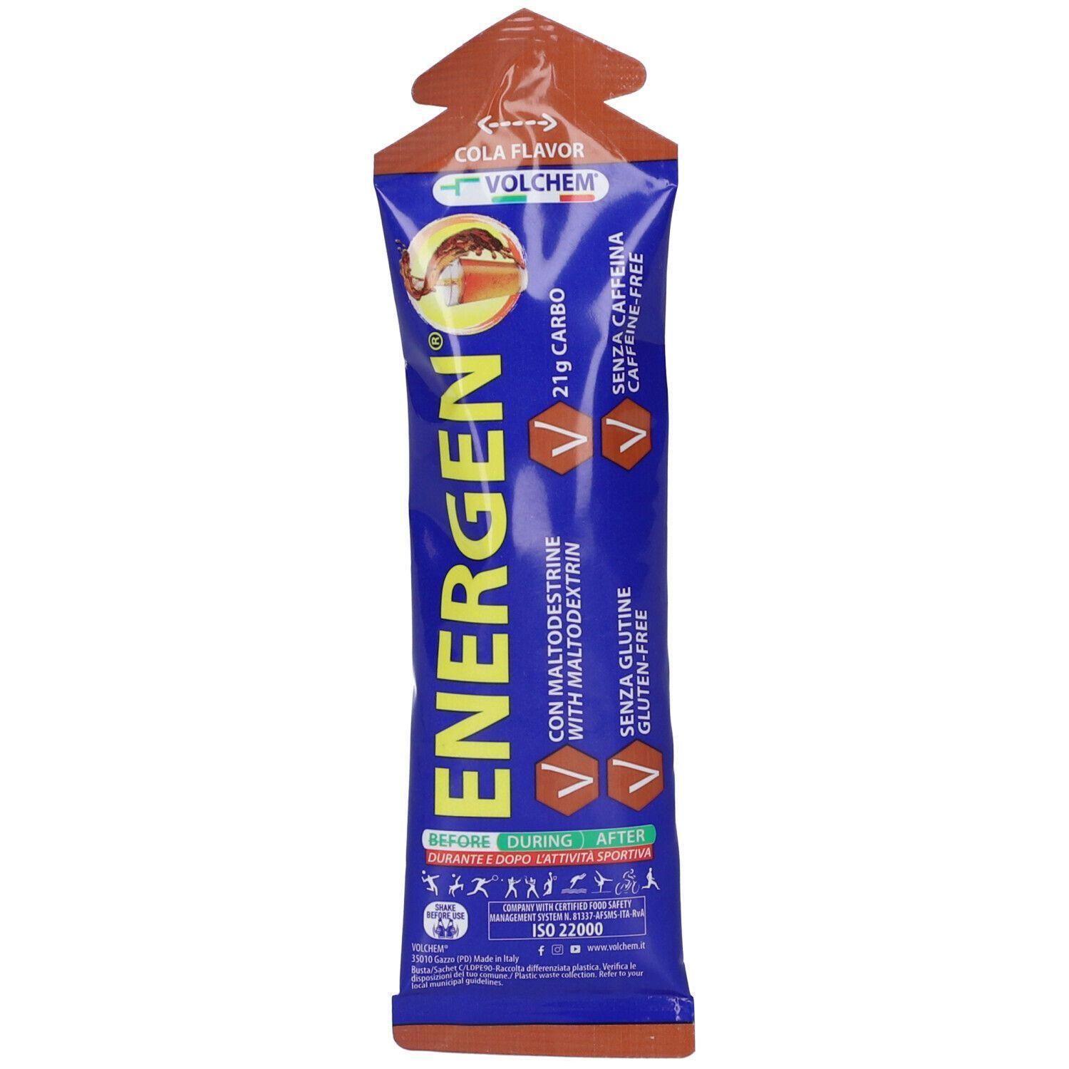VOLCHEM Energen Gel, gusto Cola, 21g carboidrati, senza caffeina, con maltodestrine, senza glutine.