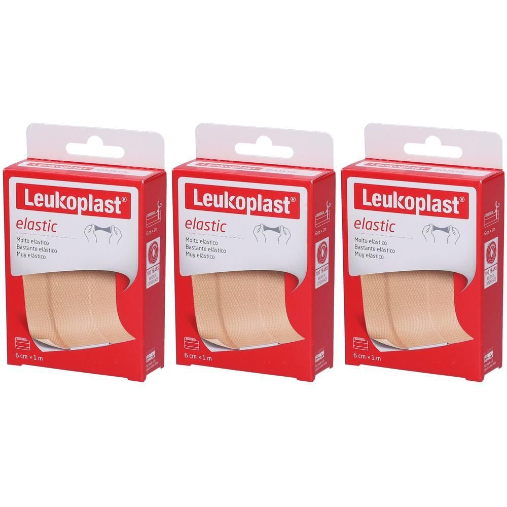 Tre confezioni di Leukoplast Elastic, strisce di cerotto elastiche color carne.