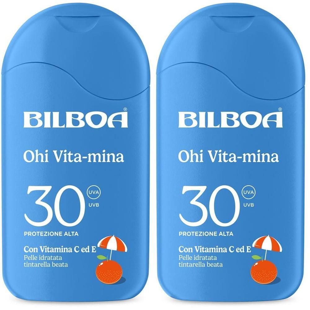 Due flaconi blu di crema solare Bilboa Ohi Vita-mina SPF 30.