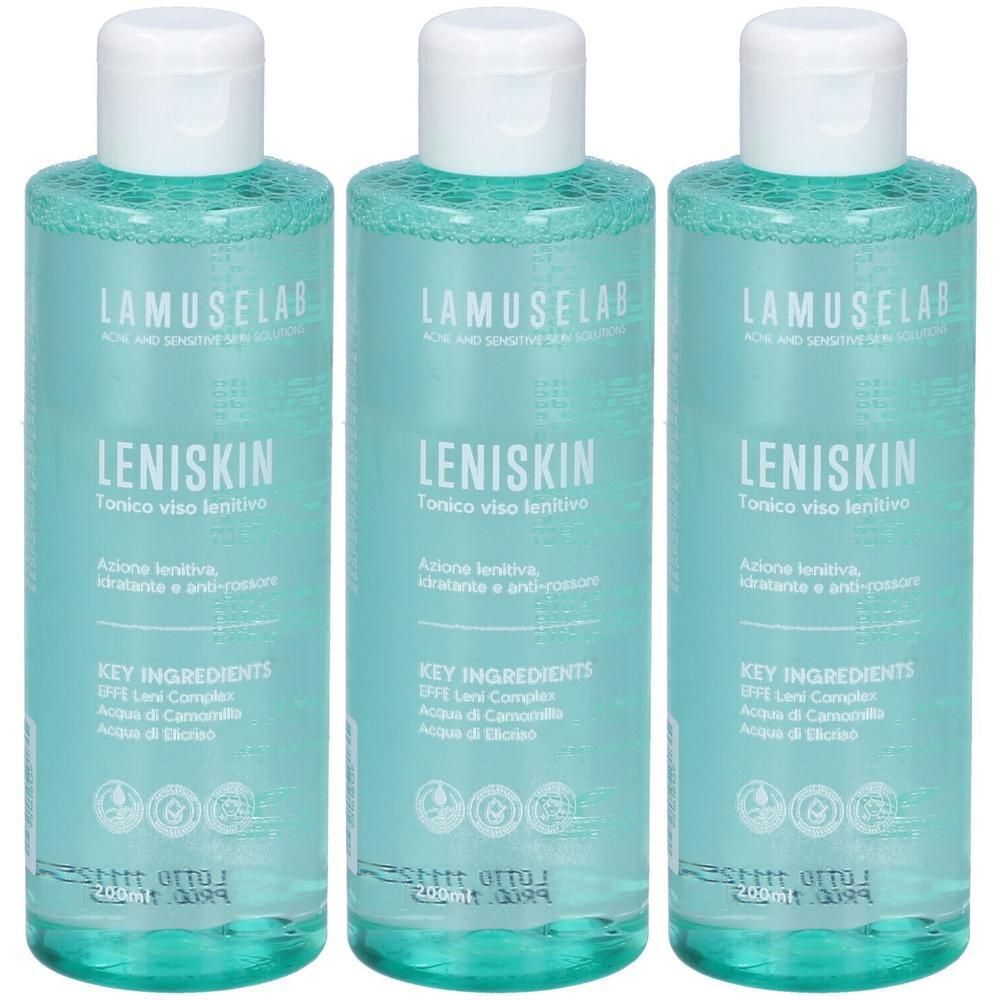 Tre flaconi di Tonico Viso Leniskin Lamuselab con tappo a scatto bianco.