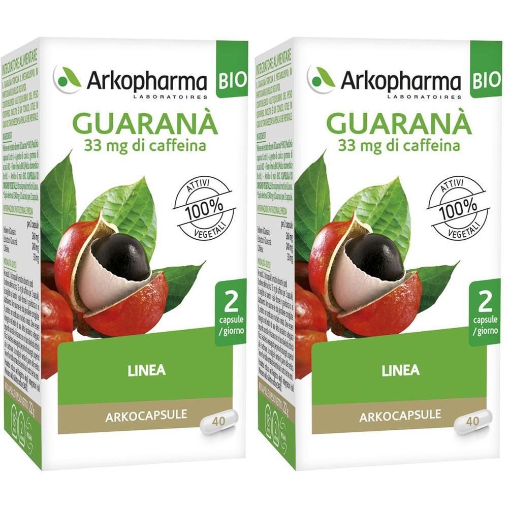 Due confezioni Arkopharma Guarana 40 capsule. Raffigurazione di frutti e foglie di guaranà.