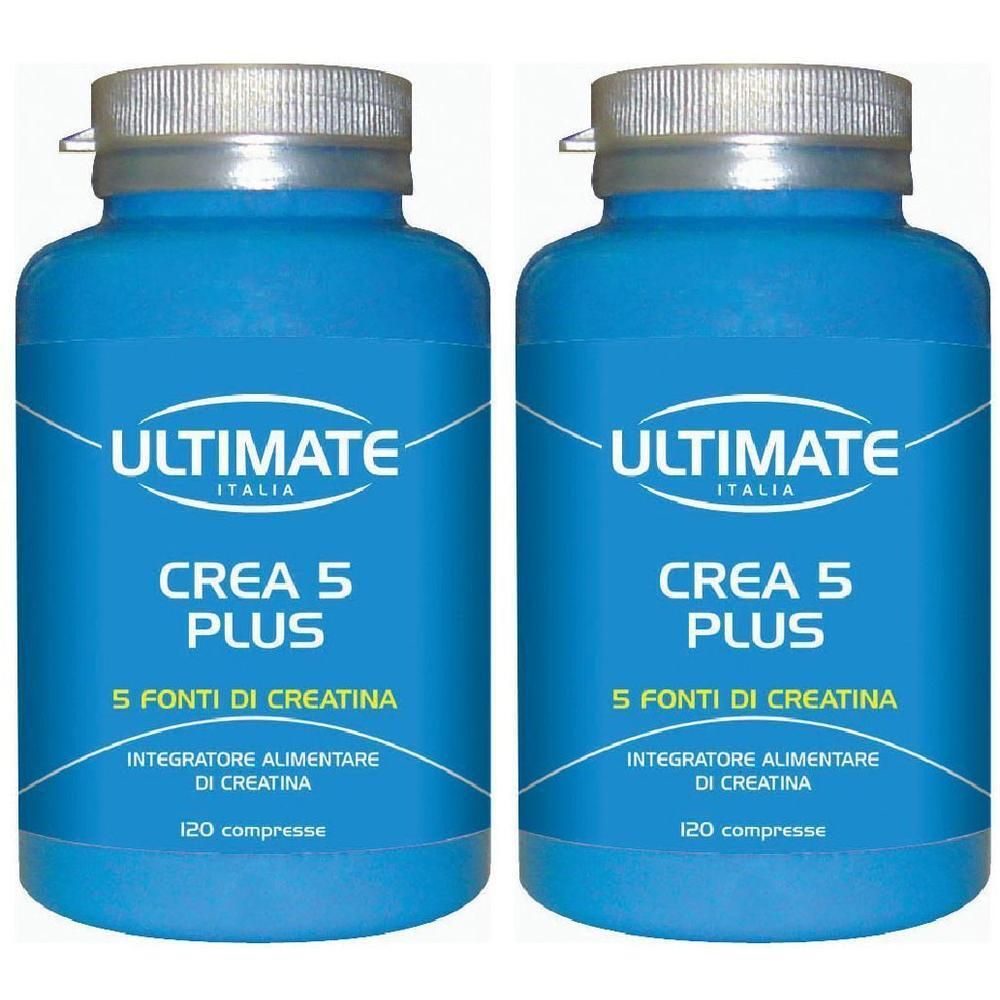 Due contenitori blu con "ULTIMATE CREA 5 PLUS" e 120 compresse.