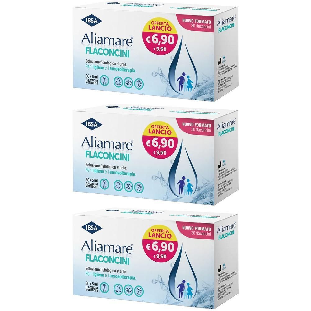 Tre confezioni di Aliamare Flaconcini, 30 flaconcini da 5 ml di soluzione fisiologica sterile per igiene e aerosolterapia.