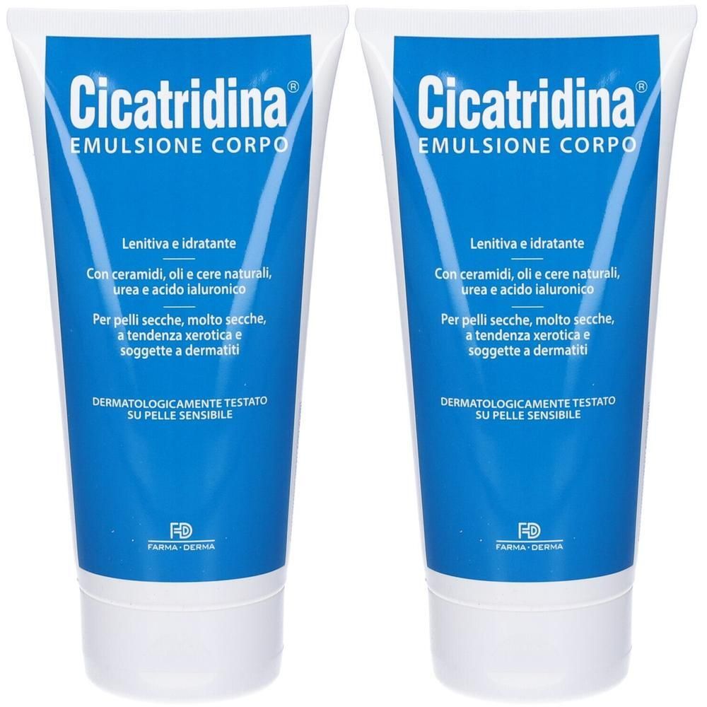 Due tubi di Cicatridina Emulsione Corpo con proprietà lenitive e idratanti.