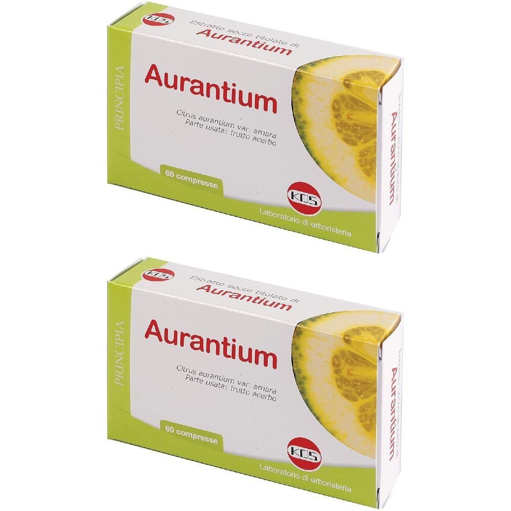 Due confezioni di estratto di Aurantium in compresse, con illustrazione di fetta di limone e logo KOS.