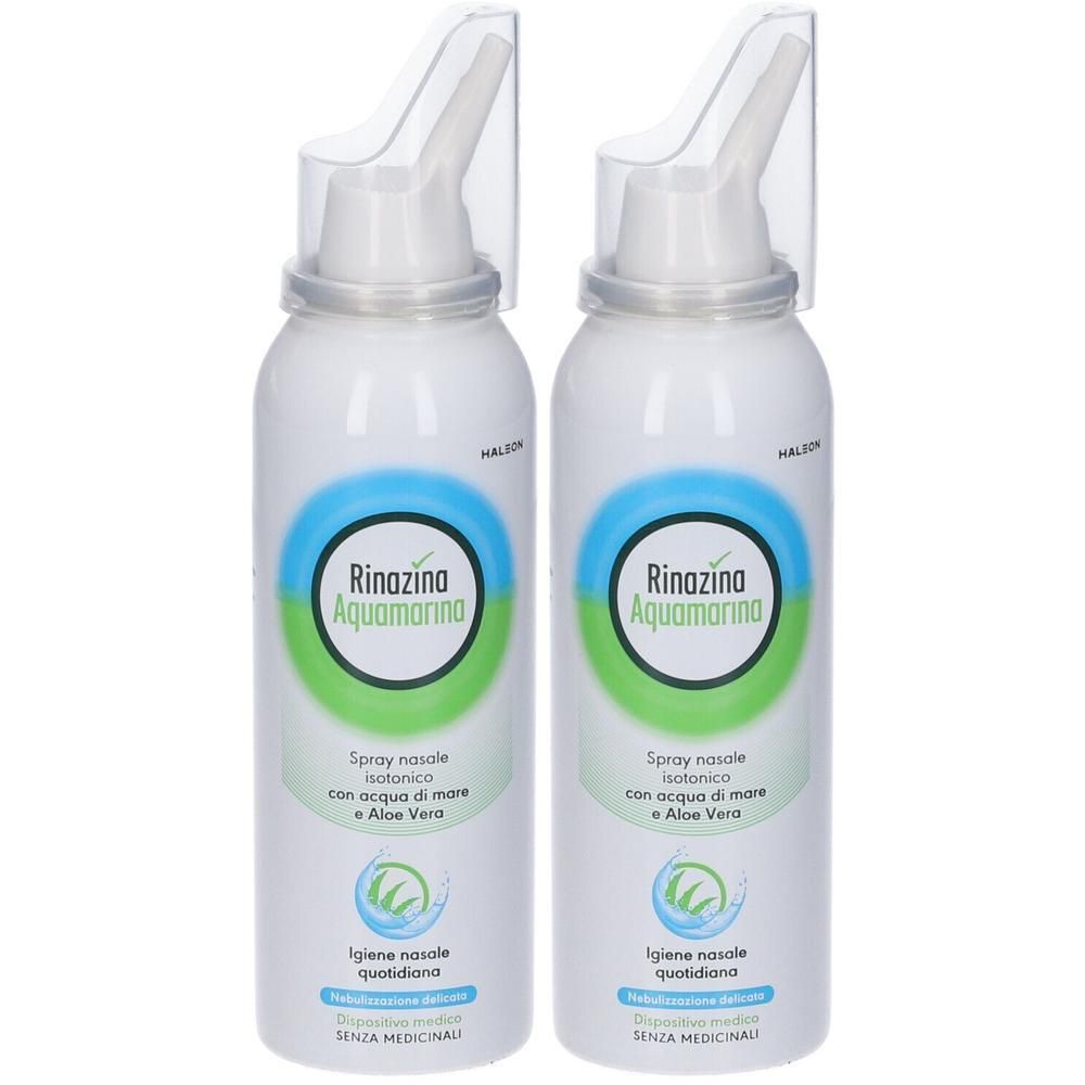 Due spray nasali Rinazina Aquamarina con applicatore e cappuccio protettivo.