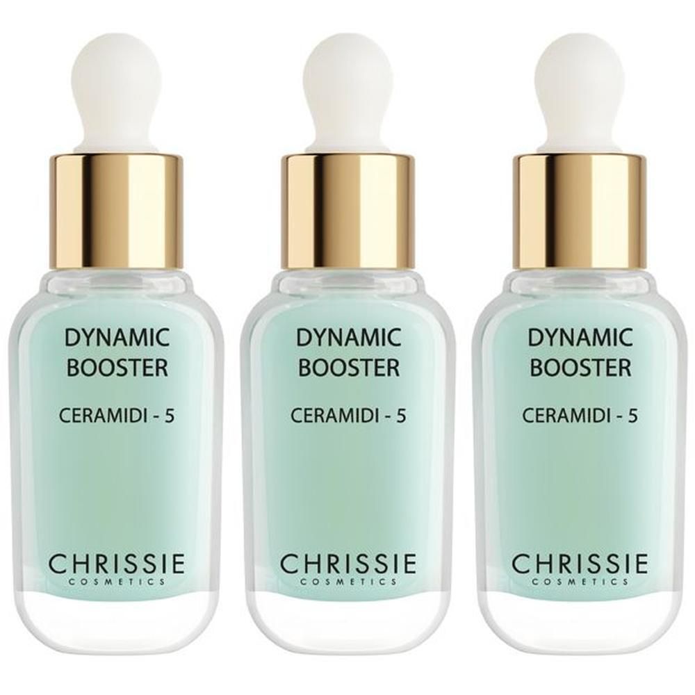 Tre flaconi di Chrissie Dynamic Booster Ceramidi-5 con tappo contagocce.