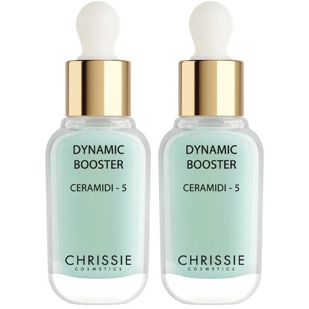 Due flaconi Chrissie Dynamic Booster Ceramidi-5 con tappo contagocce, liquido verde chiaro.