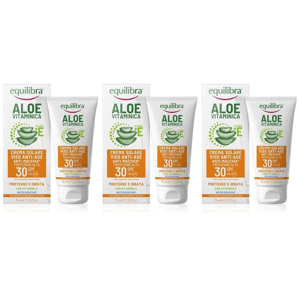 Tre tubi e scatole di Equilibra Aloe Vitaminica Crema Solare Viso Anti-Age SPF 30.