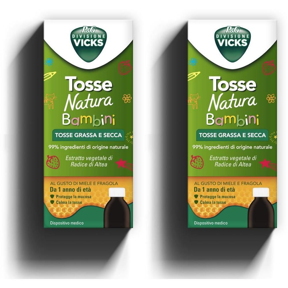 Due confezioni di Vicks Tosse Natura Bambini sciroppo per tosse grassa e secca, gusto miele e fragola. Da 1 anno di età.