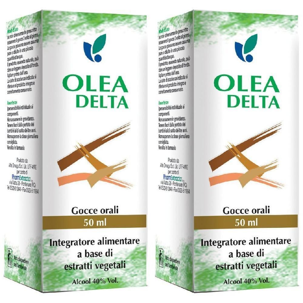 Due confezioni di Olea Delta, gocce orali, 50 ml. Integratore alimentare a base di estratti vegetali.