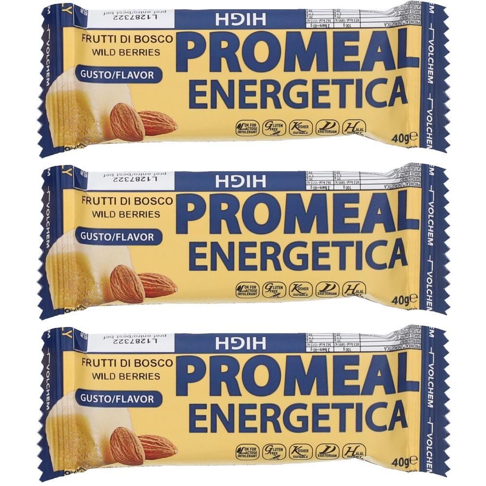 Tre barrette energetiche VOLCHEM Promeal con mandorle e frutti di bosco.