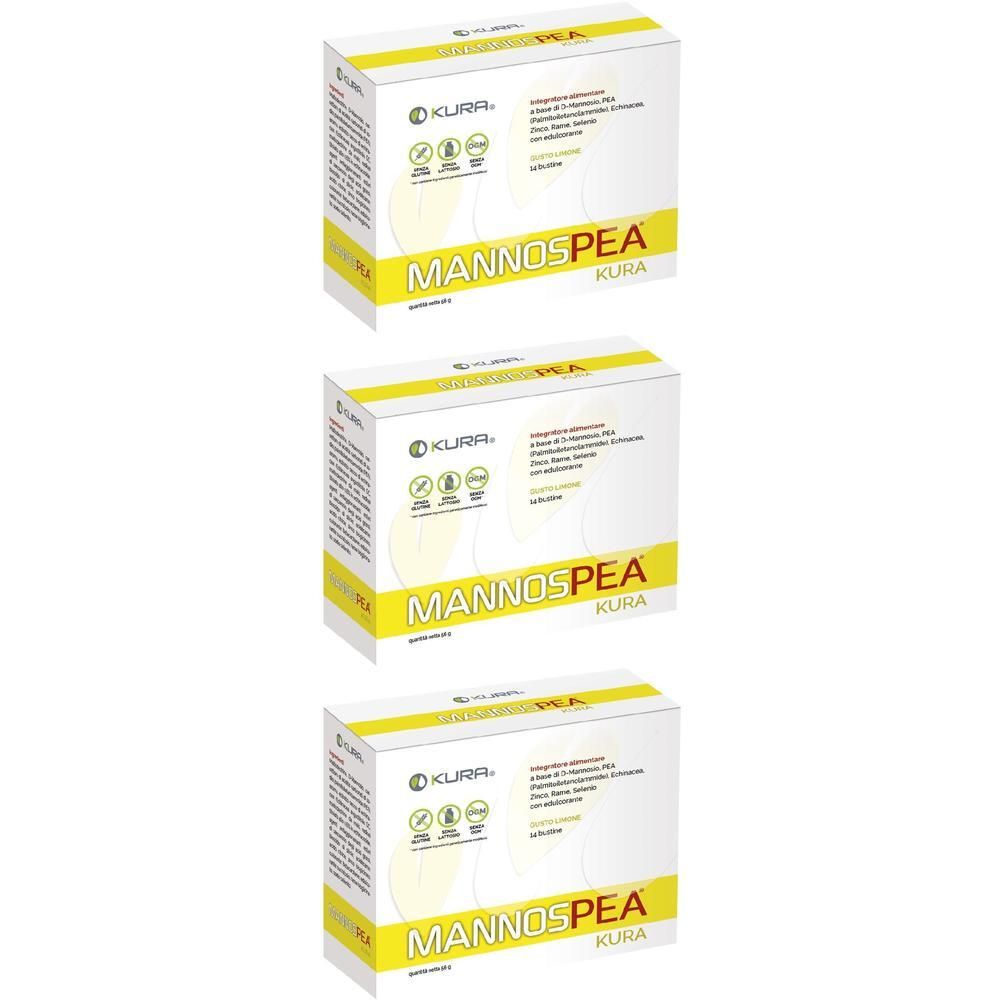 Tre scatole Mannospea Kura con D-Mannosio e PEA.