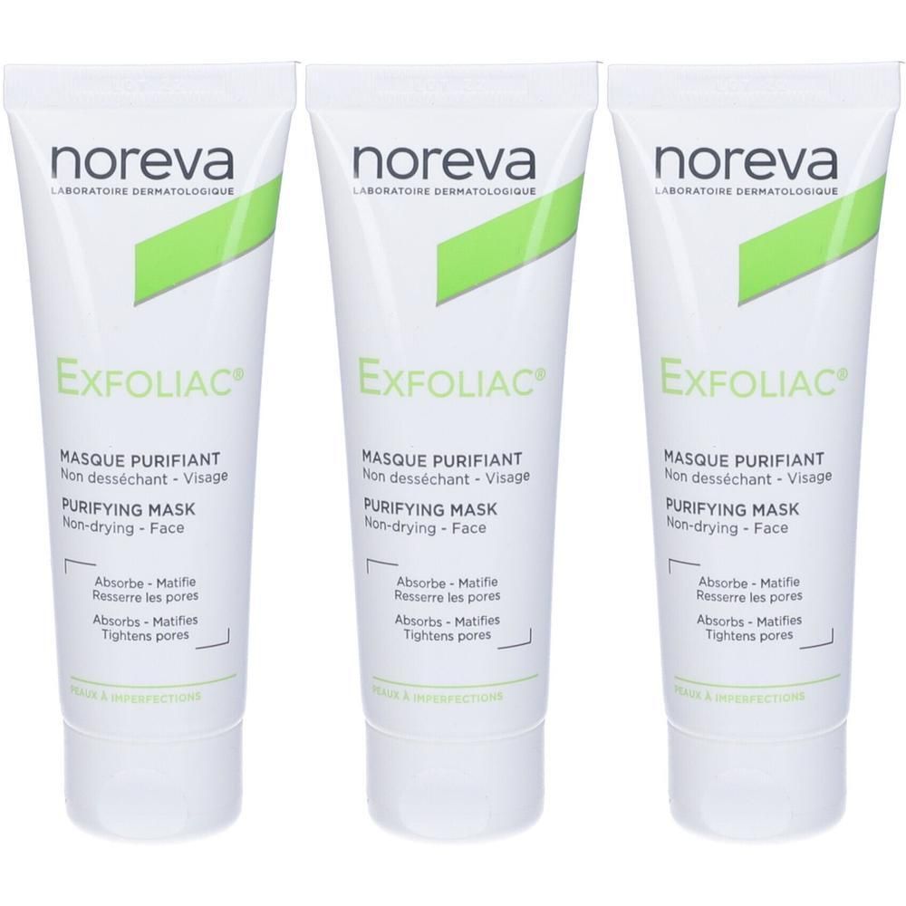 Tre tubi di Maschera Purificante Exfoliac® Noreva. Maschera viso non seccante.