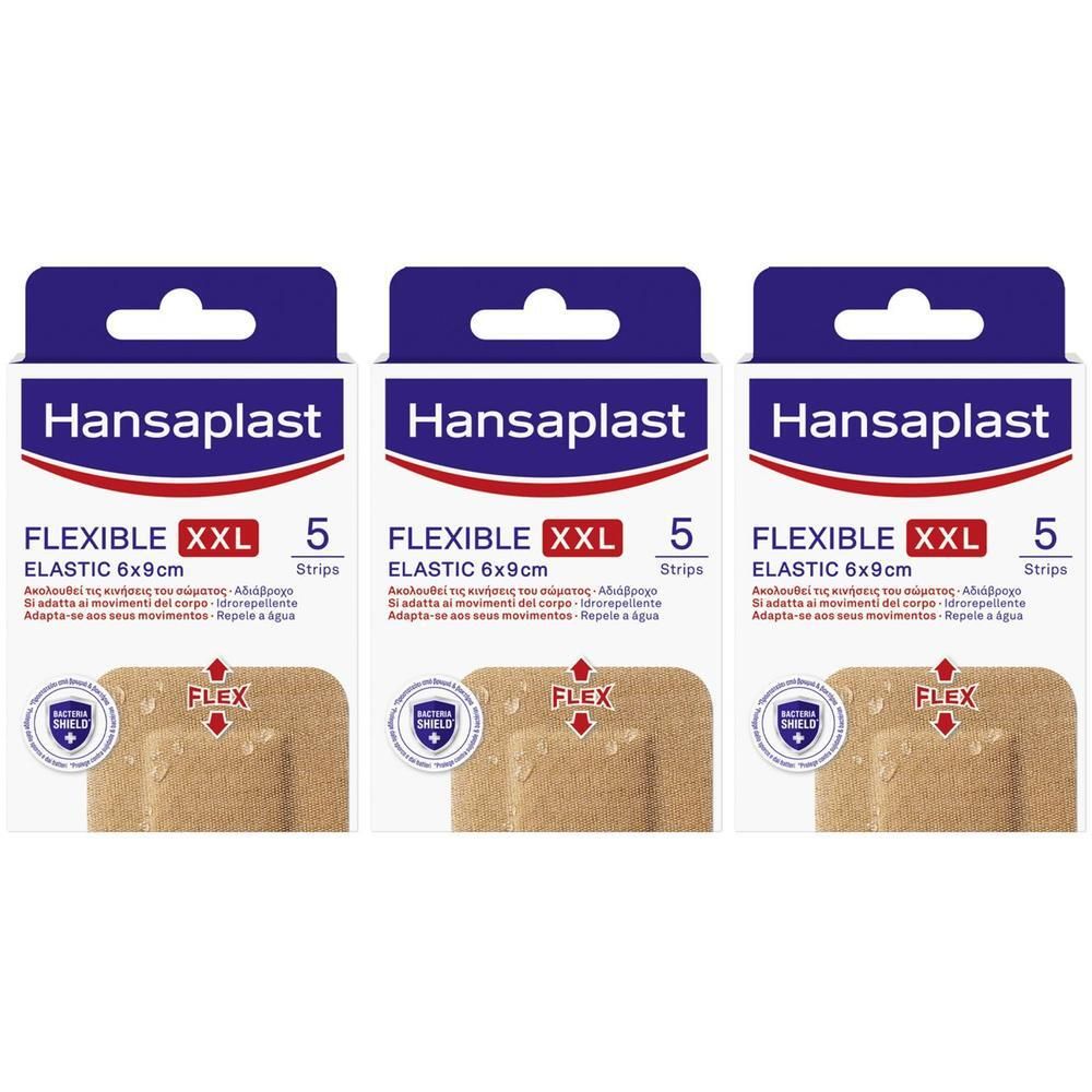 Tre confezioni di cerotti Hansaplast Flexible XXL, 5 pezzi, 6x9 cm.
