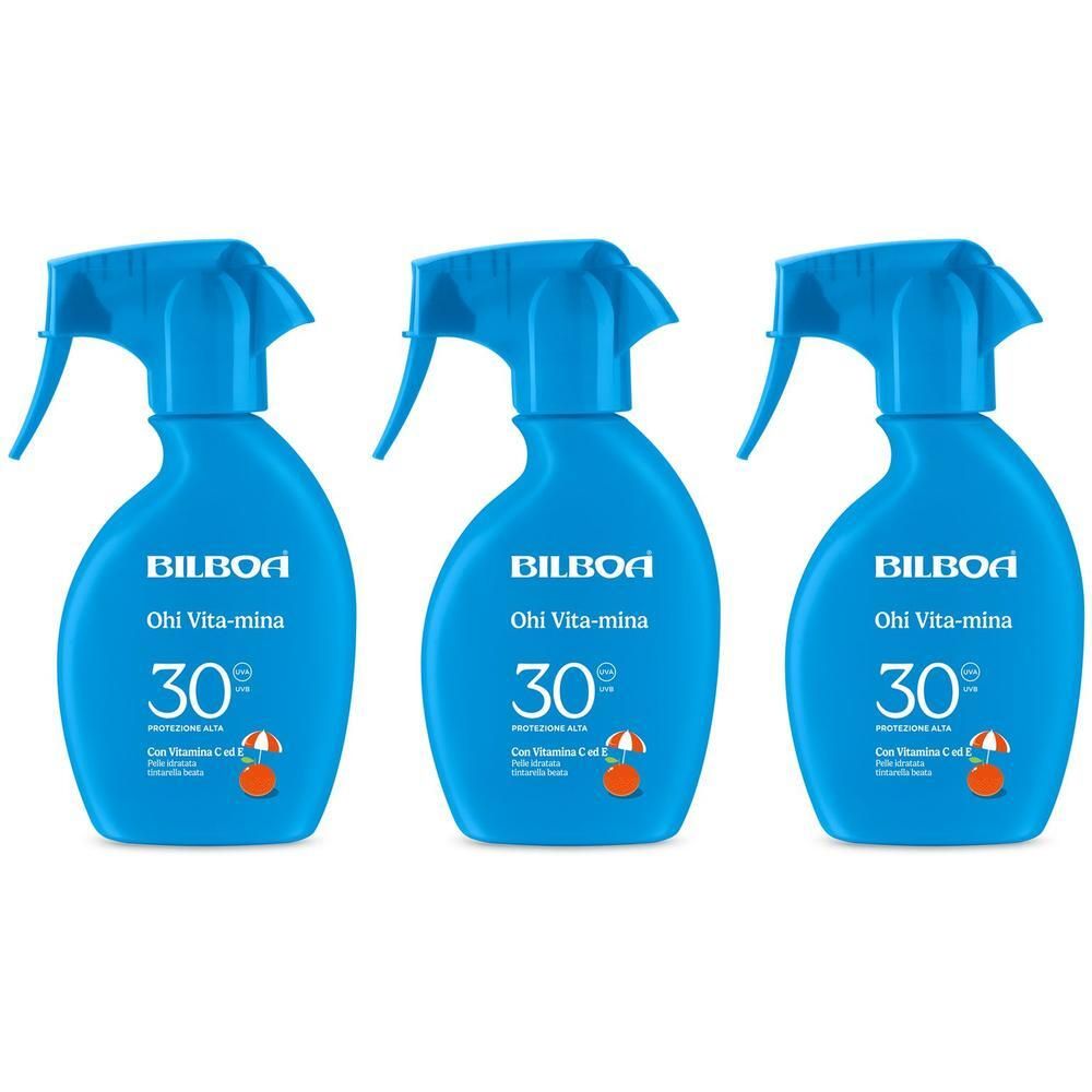 Tre flaconi spray blu Bilboa Ohi Vita-mina con SPF 30.