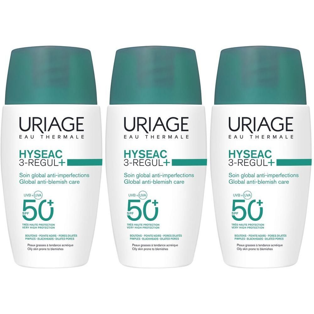 Tre flaconi URIAGE HYSEAC 3-REGUL+ Trattamento globale anti-imperfezioni SPF 50+.