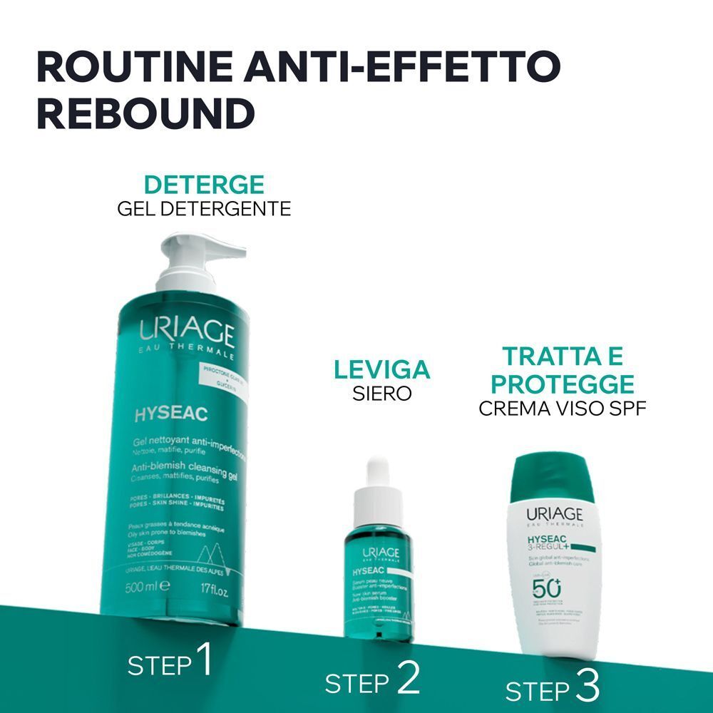Passaggi della routine URIAGE HYSEAC: Gel detergente, siero, crema SPF.